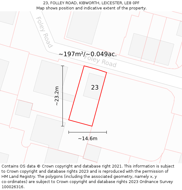 23, FOLLEY ROAD, KIBWORTH, LEICESTER, LE8 0PF: Plot and title map