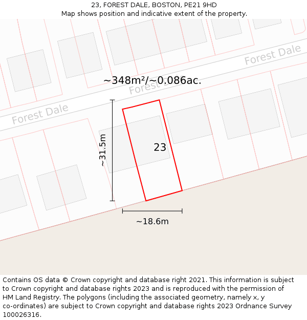 23, FOREST DALE, BOSTON, PE21 9HD: Plot and title map