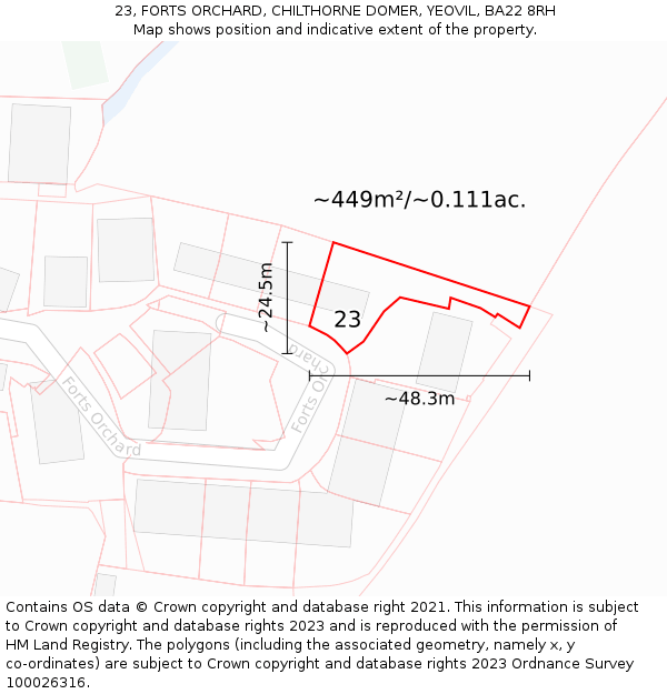 23, FORTS ORCHARD, CHILTHORNE DOMER, YEOVIL, BA22 8RH: Plot and title map