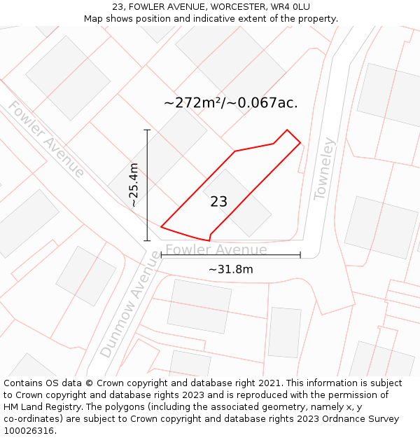 23, FOWLER AVENUE, WORCESTER, WR4 0LU: Plot and title map
