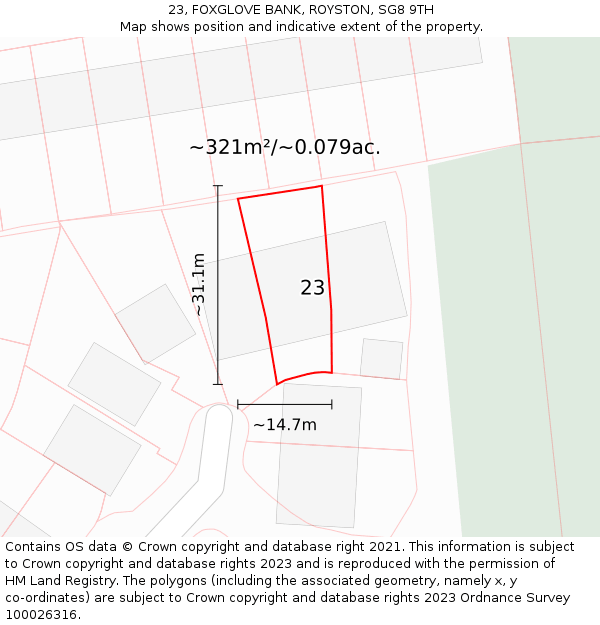 23, FOXGLOVE BANK, ROYSTON, SG8 9TH: Plot and title map