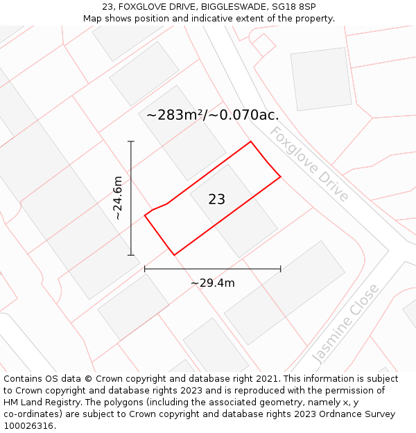 23, FOXGLOVE DRIVE, BIGGLESWADE, SG18 8SP: Plot and title map