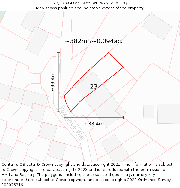 23, FOXGLOVE WAY, WELWYN, AL6 0PQ: Plot and title map