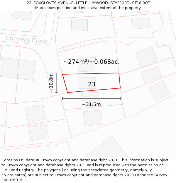 23, FOXGLOVES AVENUE, LITTLE HAYWOOD, STAFFORD, ST18 0QT: Plot and title map