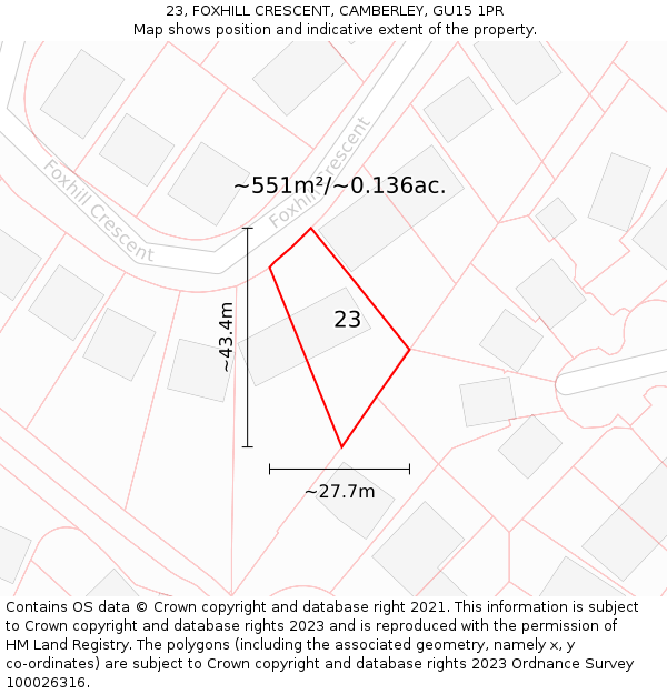 23, FOXHILL CRESCENT, CAMBERLEY, GU15 1PR: Plot and title map