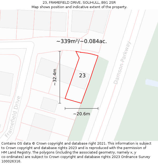 23, FRAMEFIELD DRIVE, SOLIHULL, B91 2SR: Plot and title map