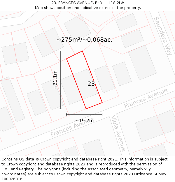 23, FRANCES AVENUE, RHYL, LL18 2LW: Plot and title map