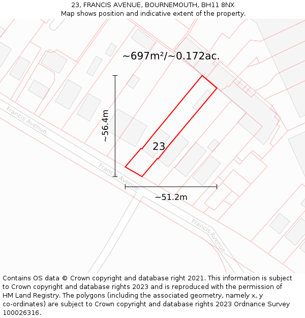 23, FRANCIS AVENUE, BOURNEMOUTH, BH11 8NX: Plot and title map
