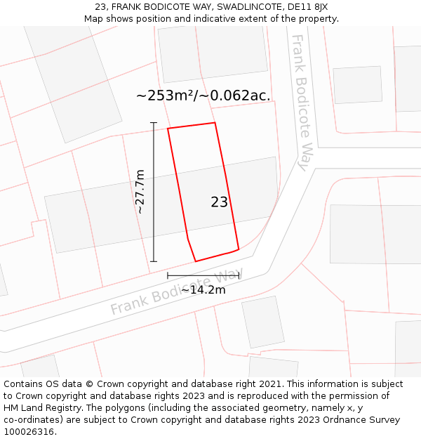 23, FRANK BODICOTE WAY, SWADLINCOTE, DE11 8JX: Plot and title map