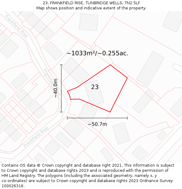 23, FRANKFIELD RISE, TUNBRIDGE WELLS, TN2 5LF: Plot and title map