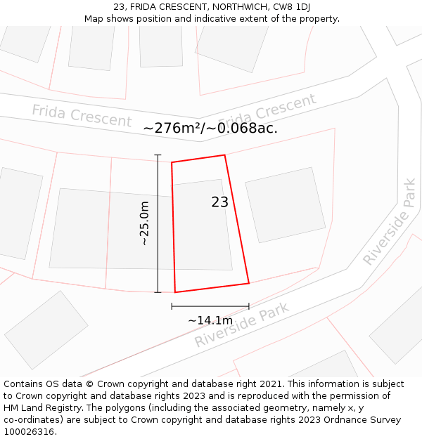 23, FRIDA CRESCENT, NORTHWICH, CW8 1DJ: Plot and title map