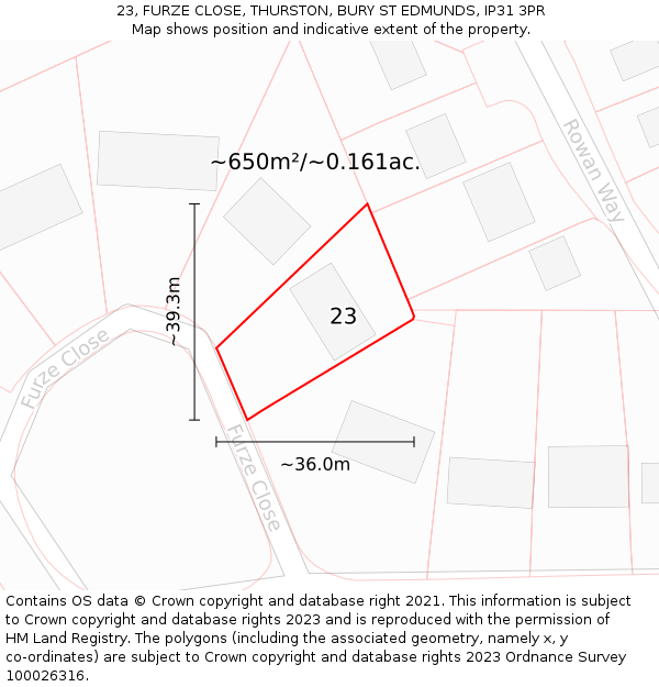 23, FURZE CLOSE, THURSTON, BURY ST EDMUNDS, IP31 3PR: Plot and title map