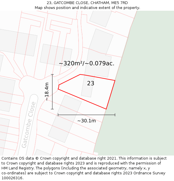 23, GATCOMBE CLOSE, CHATHAM, ME5 7RD: Plot and title map