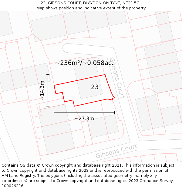 23, GIBSONS COURT, BLAYDON-ON-TYNE, NE21 5GL: Plot and title map