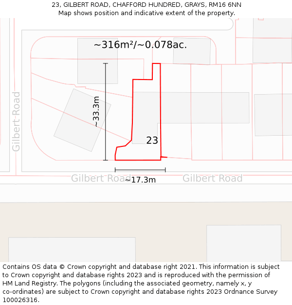 23, GILBERT ROAD, CHAFFORD HUNDRED, GRAYS, RM16 6NN: Plot and title map