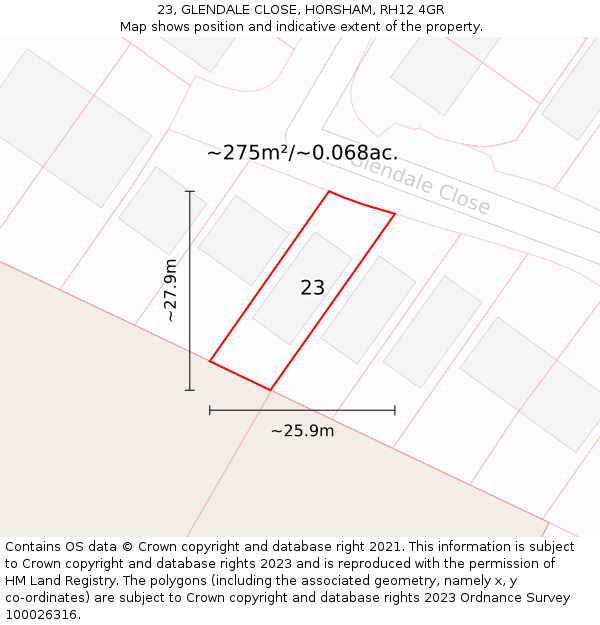 23, GLENDALE CLOSE, HORSHAM, RH12 4GR: Plot and title map