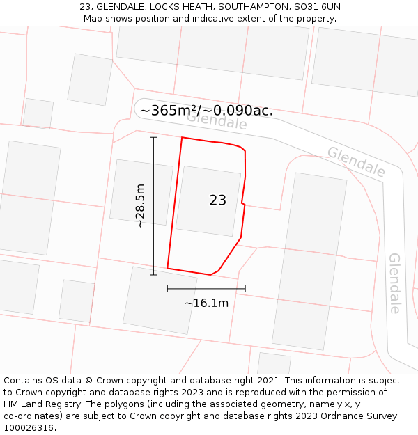 23, GLENDALE, LOCKS HEATH, SOUTHAMPTON, SO31 6UN: Plot and title map