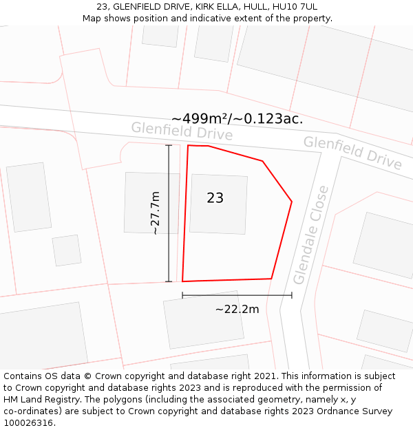 23, GLENFIELD DRIVE, KIRK ELLA, HULL, HU10 7UL: Plot and title map