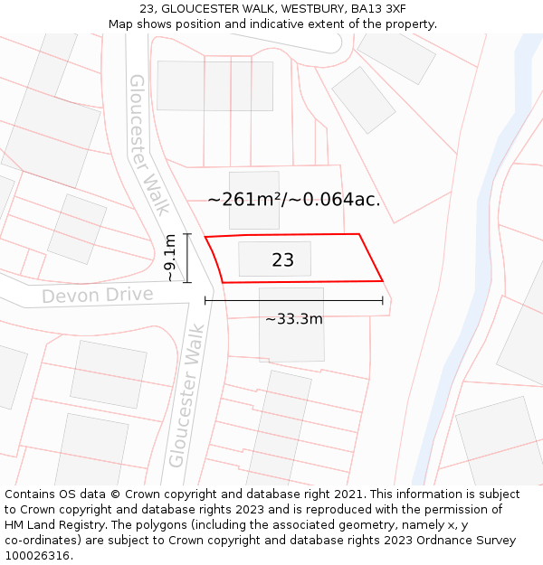 23, GLOUCESTER WALK, WESTBURY, BA13 3XF: Plot and title map