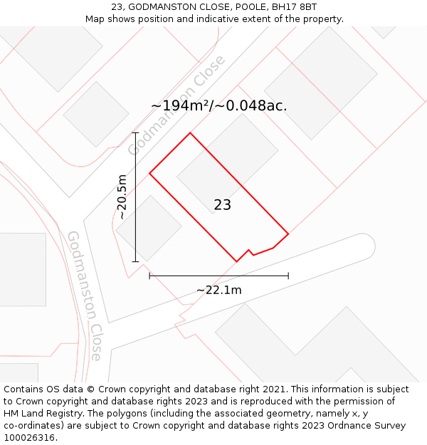 23, GODMANSTON CLOSE, POOLE, BH17 8BT: Plot and title map