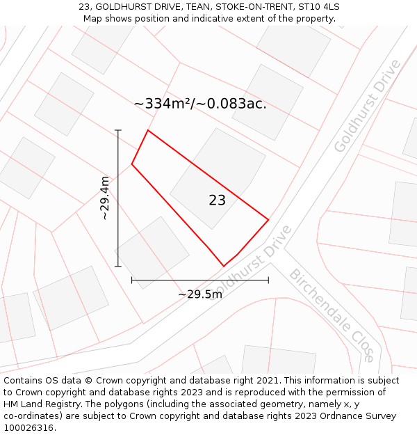 23, GOLDHURST DRIVE, TEAN, STOKE-ON-TRENT, ST10 4LS: Plot and title map