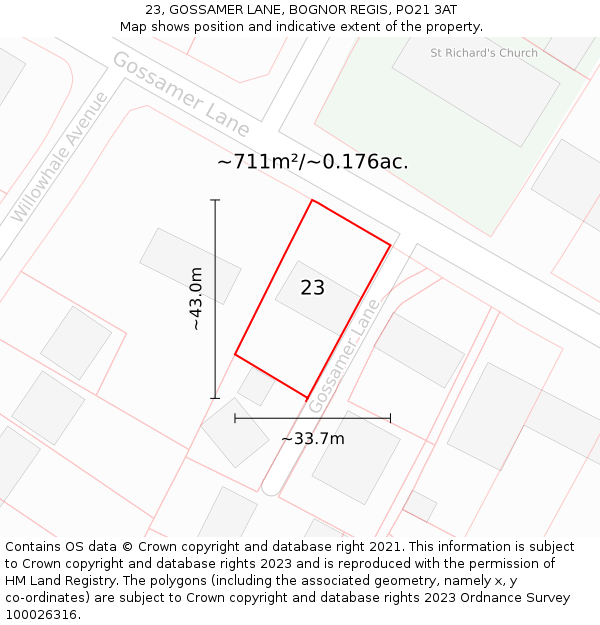 23, GOSSAMER LANE, BOGNOR REGIS, PO21 3AT: Plot and title map