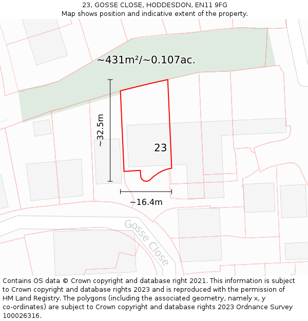 23, GOSSE CLOSE, HODDESDON, EN11 9FG: Plot and title map