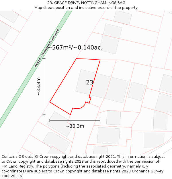 23, GRACE DRIVE, NOTTINGHAM, NG8 5AG: Plot and title map