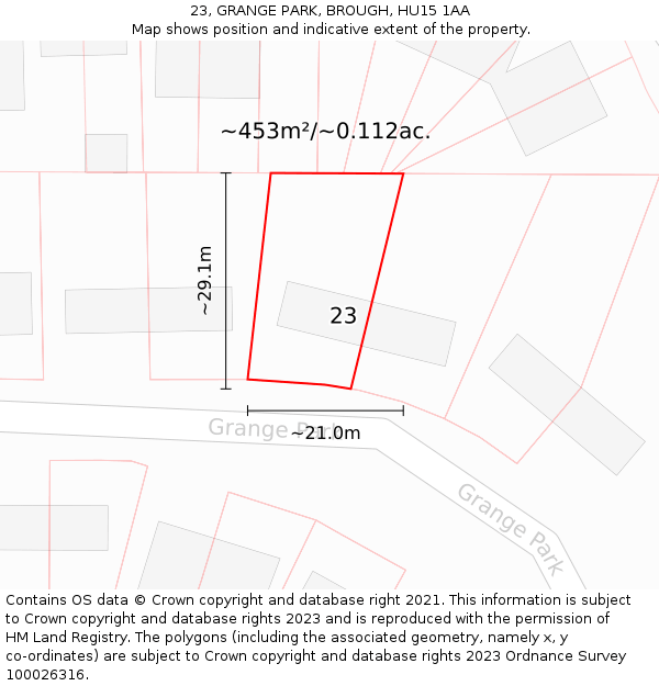 23, GRANGE PARK, BROUGH, HU15 1AA: Plot and title map