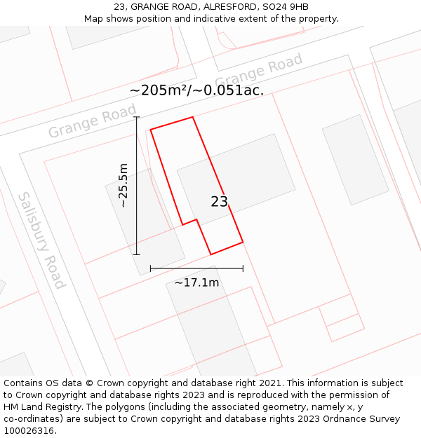 23, GRANGE ROAD, ALRESFORD, SO24 9HB: Plot and title map