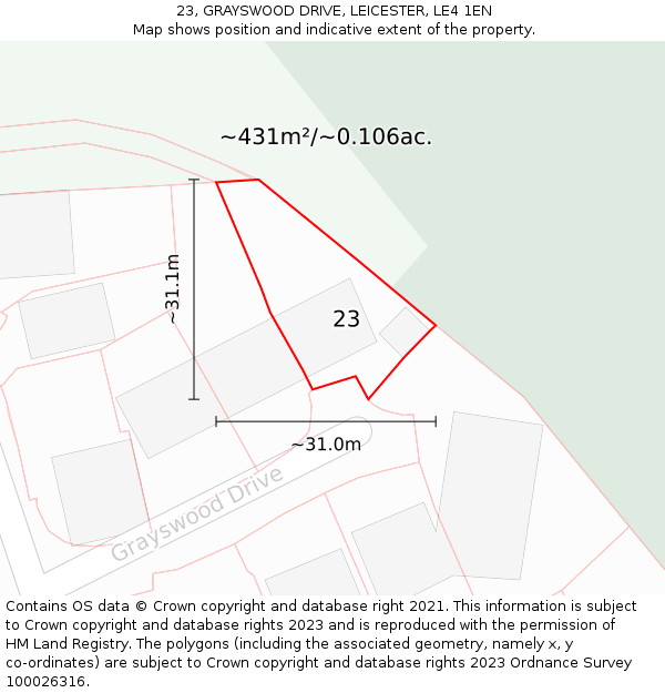 23, GRAYSWOOD DRIVE, LEICESTER, LE4 1EN: Plot and title map