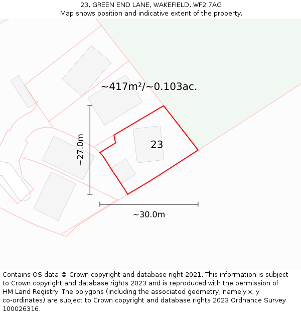 23, GREEN END LANE, WAKEFIELD, WF2 7AG: Plot and title map