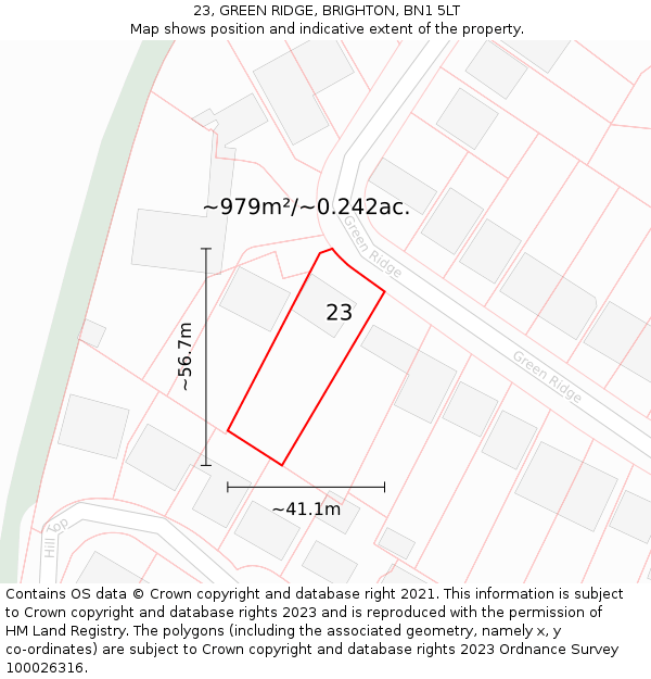 23, GREEN RIDGE, BRIGHTON, BN1 5LT: Plot and title map