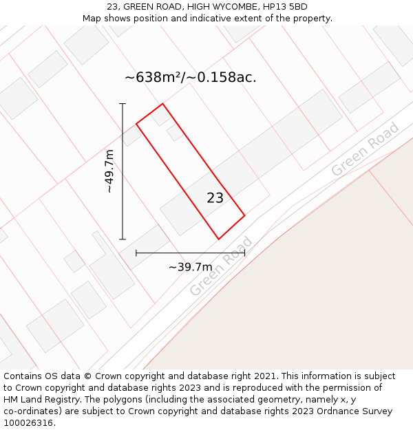 23, GREEN ROAD, HIGH WYCOMBE, HP13 5BD: Plot and title map