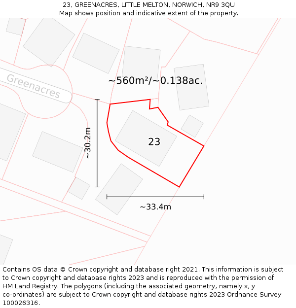 23, GREENACRES, LITTLE MELTON, NORWICH, NR9 3QU: Plot and title map