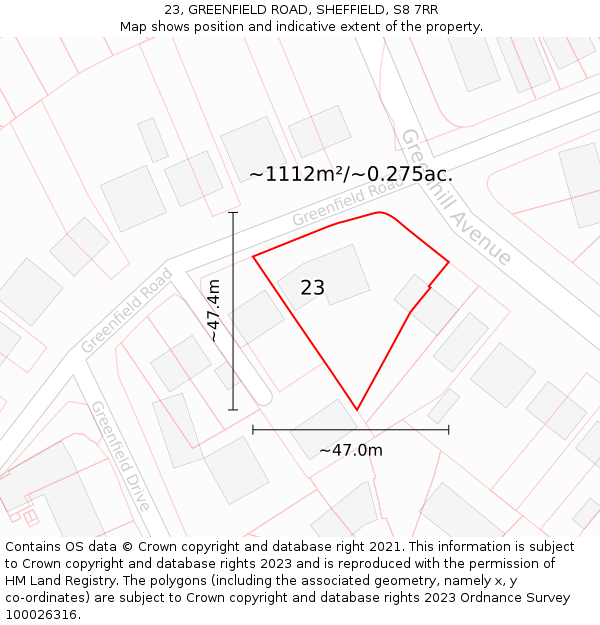 23, GREENFIELD ROAD, SHEFFIELD, S8 7RR: Plot and title map