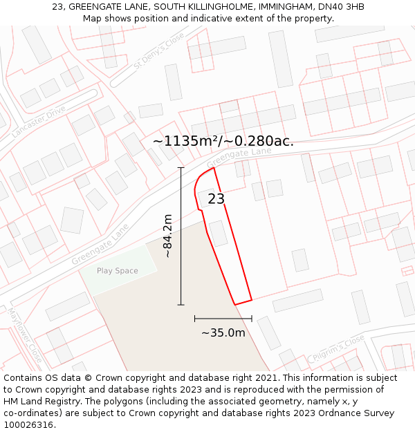 23, GREENGATE LANE, SOUTH KILLINGHOLME, IMMINGHAM, DN40 3HB: Plot and title map