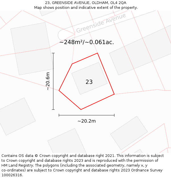 23, GREENSIDE AVENUE, OLDHAM, OL4 2QA: Plot and title map