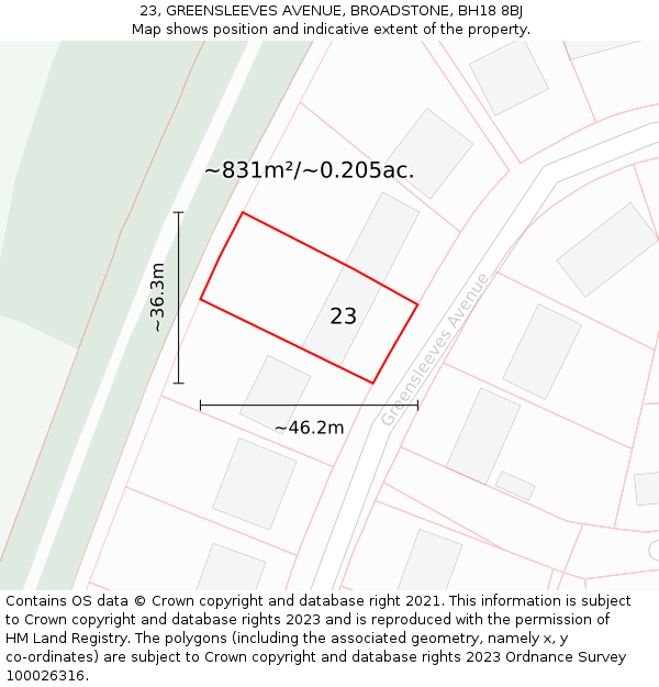 23, GREENSLEEVES AVENUE, BROADSTONE, BH18 8BJ: Plot and title map