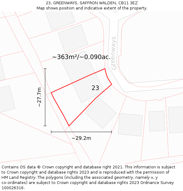 23, GREENWAYS, SAFFRON WALDEN, CB11 3EZ: Plot and title map