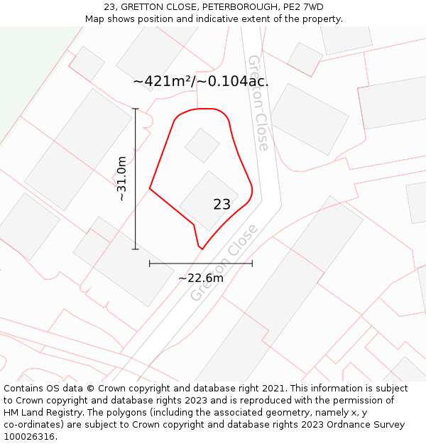 23, GRETTON CLOSE, PETERBOROUGH, PE2 7WD: Plot and title map