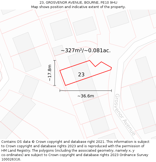 23, GROSVENOR AVENUE, BOURNE, PE10 9HU: Plot and title map
