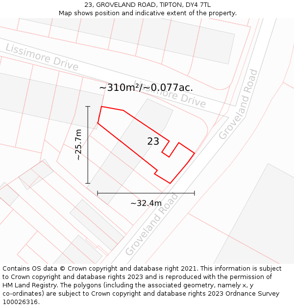 23, GROVELAND ROAD, TIPTON, DY4 7TL: Plot and title map