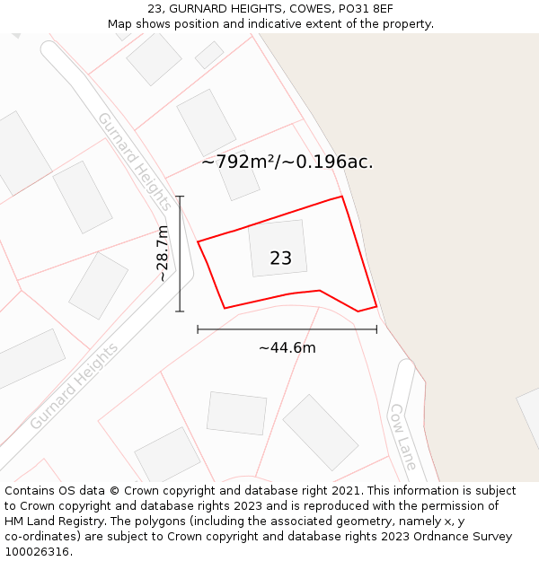 23, GURNARD HEIGHTS, COWES, PO31 8EF: Plot and title map