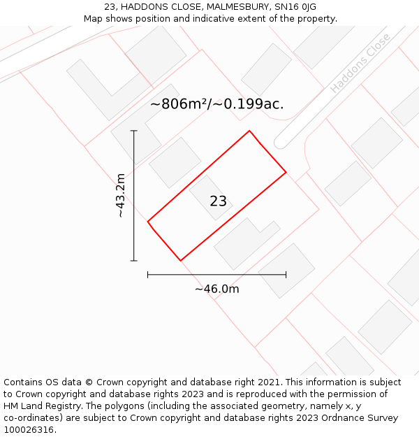 23, HADDONS CLOSE, MALMESBURY, SN16 0JG: Plot and title map