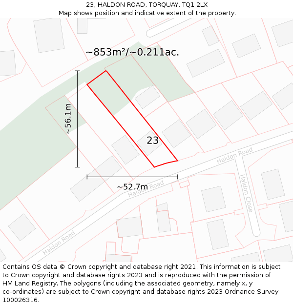 23, HALDON ROAD, TORQUAY, TQ1 2LX: Plot and title map