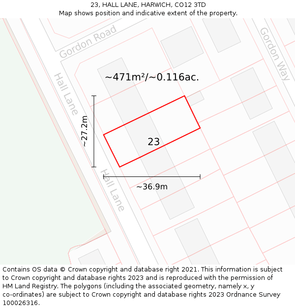 23, HALL LANE, HARWICH, CO12 3TD: Plot and title map