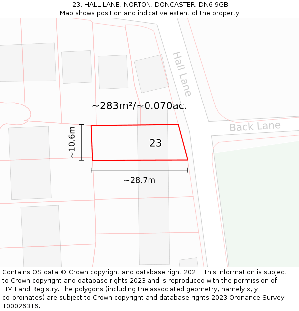 23, HALL LANE, NORTON, DONCASTER, DN6 9GB: Plot and title map