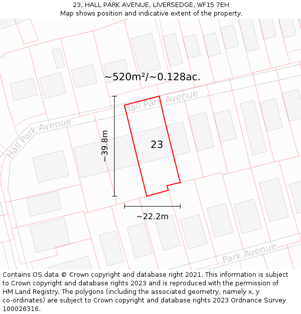 23, HALL PARK AVENUE, LIVERSEDGE, WF15 7EH: Plot and title map