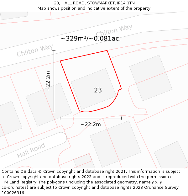 23, HALL ROAD, STOWMARKET, IP14 1TN: Plot and title map